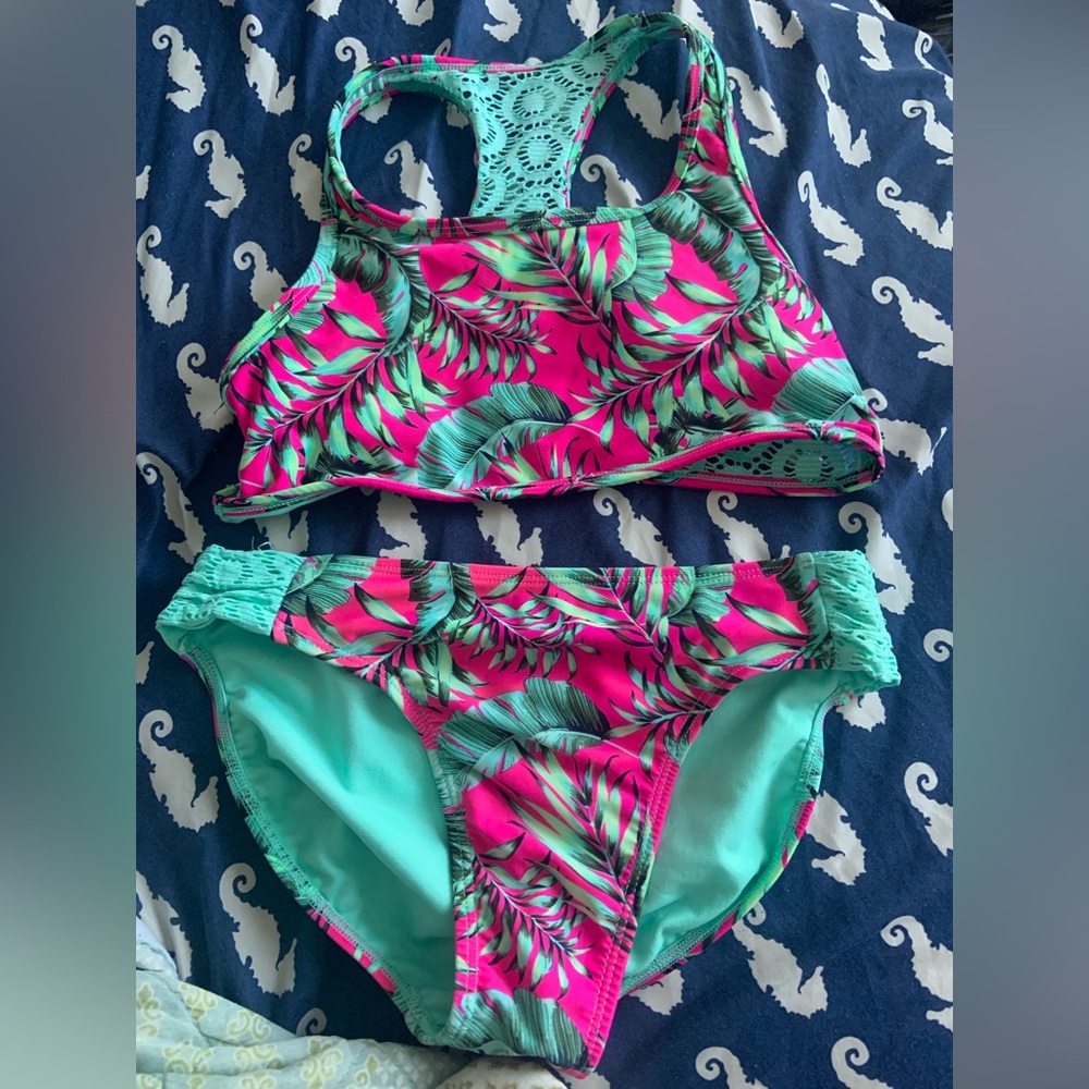 girls tropical pink and turquoise 2 piece with lace